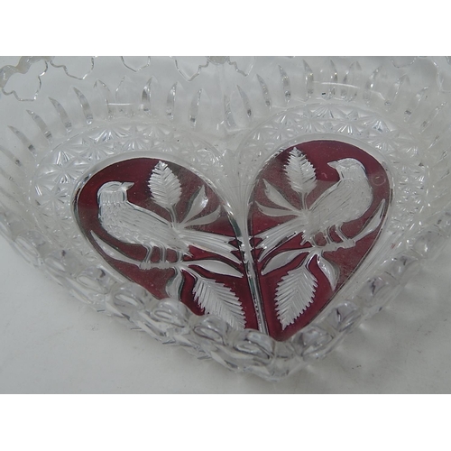 476 - HOFBAUER: German Lead Crystal Red Byrdes Heart Shaped Dish: Tray & Basket