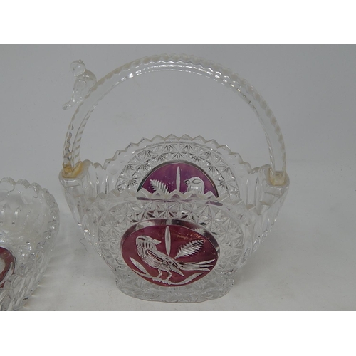 476 - HOFBAUER: German Lead Crystal Red Byrdes Heart Shaped Dish: Tray & Basket