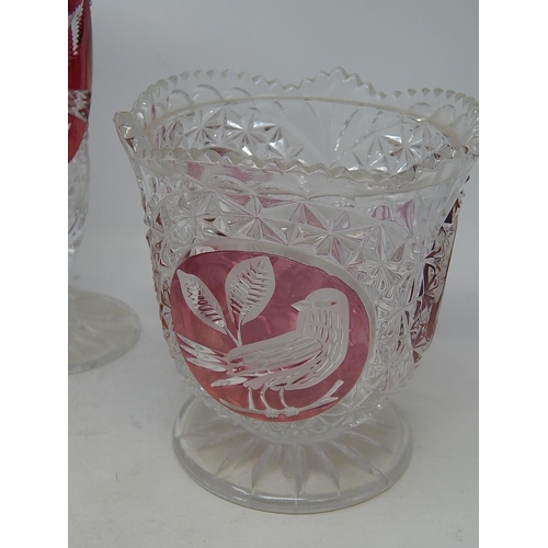 477 - HOFBAUER: Three German Lead Crystal Red Byrdes Vases