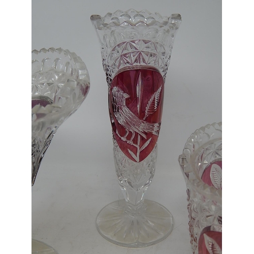 477 - HOFBAUER: Three German Lead Crystal Red Byrdes Vases