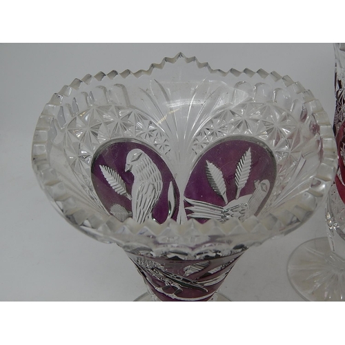 477 - HOFBAUER: Three German Lead Crystal Red Byrdes Vases