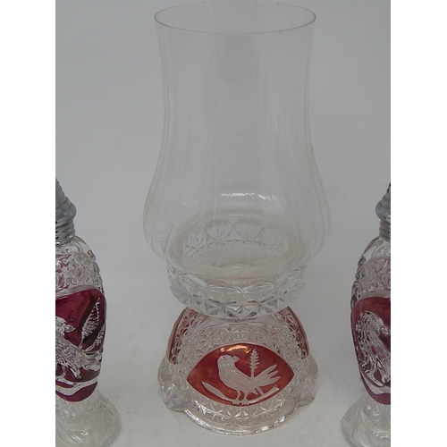 478 - HOFBAUER: German Lead Crystal Red Byrdes Table Lantern with Clear Glass Shade together with a Salt &... 