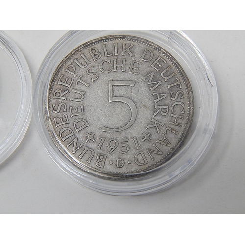 691 - COINS: 1890 Pfenig: 1892 Five Pfenigs: 1933 Two Marks: 1951 Five Marks.