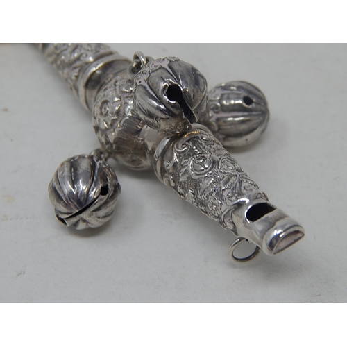 84 - Victorian Tests Silver Combined Rattle with All Three attached Bells & Whistle with Ivory Teether: D... 