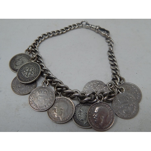 185 - Silver Hallmarked Bracelet with Attached Silver threepences together with 2 further silver 3d's