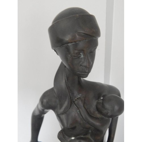 451 - Large African Bronze Sculpture of Mother & Child, Signed A.V: Measures 82cm High