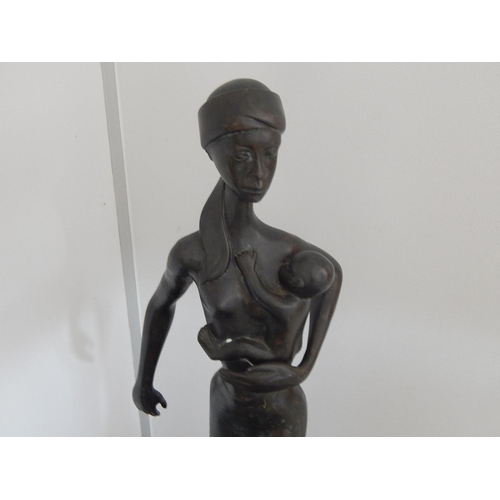 451 - Large African Bronze Sculpture of Mother & Child, Signed A.V: Measures 82cm High