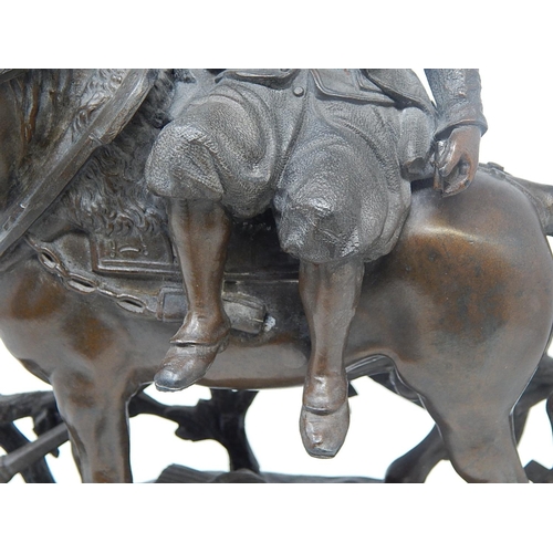 449 - 19th Century Bronze Patinated Spelter Figural Group of a Lady in full dress sitting aside a horse on... 