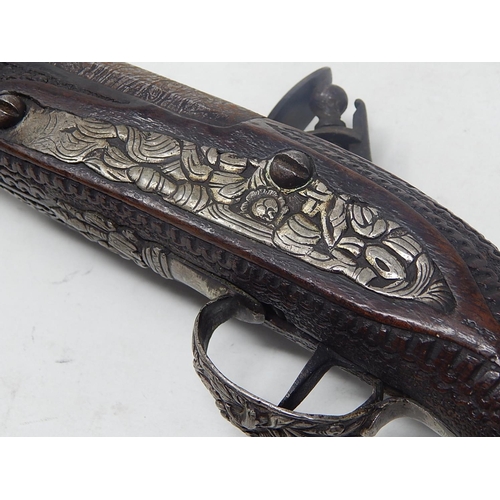 452 - 18th Century Turkish Flintlock Pistol with Silver Mounts & Fittings: Condition: Working Order: Measu... 