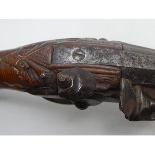 453 - 18th Century Flintlock Pistol (possibly Arabic/Turkish) with Walnut Stock & brass mounts & fittings:... 