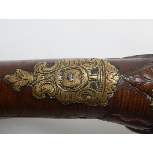 453 - 18th Century Flintlock Pistol (possibly Arabic/Turkish) with Walnut Stock & brass mounts & fittings:... 