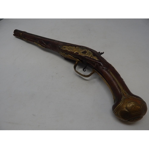 453 - 18th Century Flintlock Pistol (possibly Arabic/Turkish) with Walnut Stock & brass mounts & fittings:... 