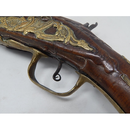 453 - 18th Century Flintlock Pistol (possibly Arabic/Turkish) with Walnut Stock & brass mounts & fittings:... 