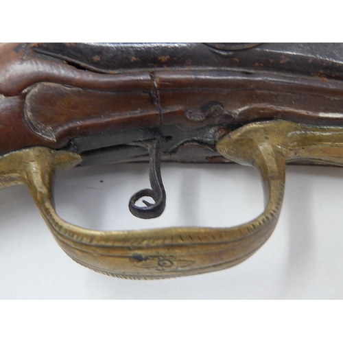 453 - 18th Century Flintlock Pistol (possibly Arabic/Turkish) with Walnut Stock & brass mounts & fittings:... 