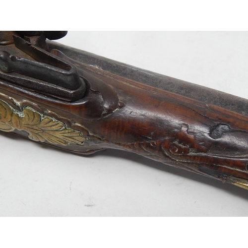 453 - 18th Century Flintlock Pistol (possibly Arabic/Turkish) with Walnut Stock & brass mounts & fittings:... 