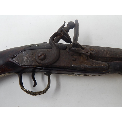 454 - 18th Century Turkish Flintlock Pistol with brass mounts & fittings: Condition: Poor: Measures 39cm L... 