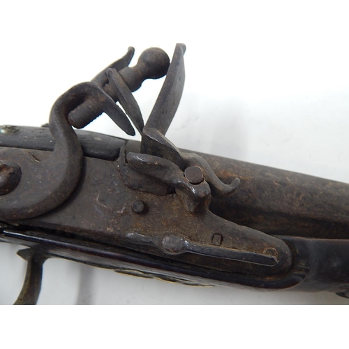 454 - 18th Century Turkish Flintlock Pistol with brass mounts & fittings: Condition: Poor: Measures 39cm L... 