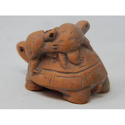 487 - CHINESE: Carved Wood Neksuke of a Tortoise & Her Young: Measures 5.4cm Wide