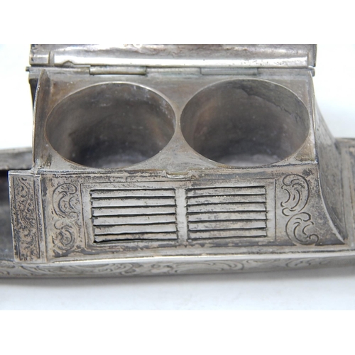 97 - RARE: Edwardian Silver Double Inkwell Stand Formed as a Gondola: Hallmarked London 1902 by John Geor... 