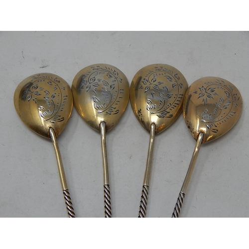 99F - 19th Century Set of Four RUSSIAN Silver Gilt Spoons with Spiral Stems: Hallmarked 87: KK4