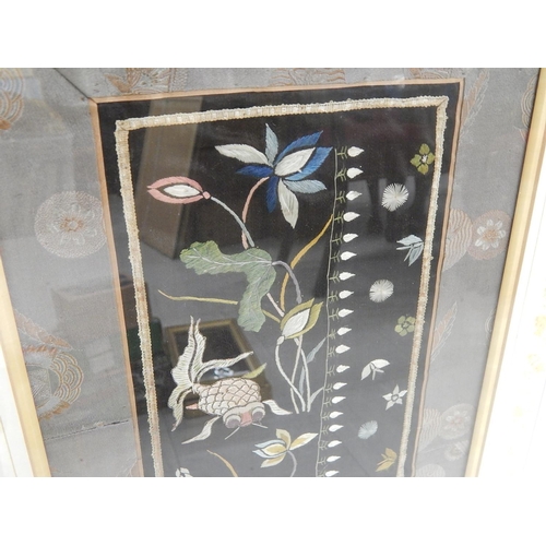 489 - Pair of Late 19th Century Silk Panels, Framed & Glazed. Each Measure 90cm x 42cm