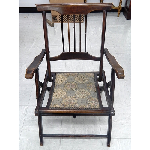 715 - Late 19th Century Beech Ship's Folding Chair with Spindle Back & Fabric Panel Seat. Condition: Very ... 