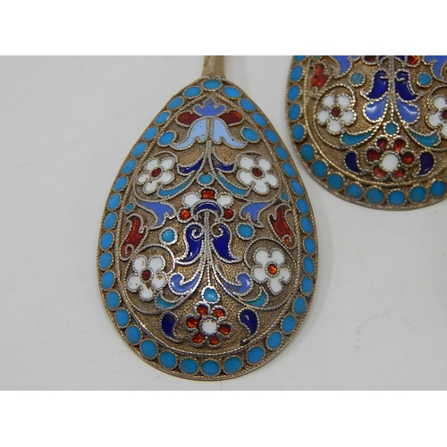 2 - Russian C19th Silver Cloisonné Enamel Set of 6 Spoons: 84 Standard: Date 1893: Makers/Assay Master M... 