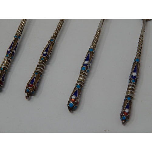 2 - Russian C19th Silver Cloisonné Enamel Set of 6 Spoons: 84 Standard: Date 1893: Makers/Assay Master M... 