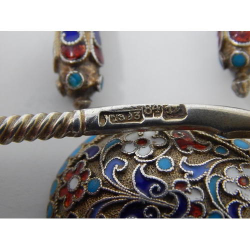 2 - Russian C19th Silver Cloisonné Enamel Set of 6 Spoons: 84 Standard: Date 1893: Makers/Assay Master M... 
