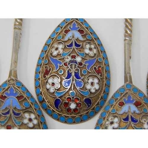 2 - Russian C19th Silver Cloisonné Enamel Set of 6 Spoons: 84 Standard: Date 1893: Makers/Assay Master M... 
