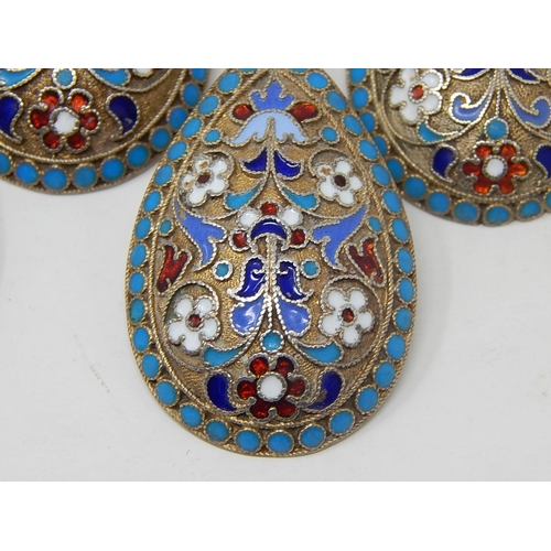 2 - Russian C19th Silver Cloisonné Enamel Set of 6 Spoons: 84 Standard: Date 1893: Makers/Assay Master M... 