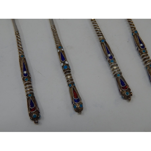 2 - Russian C19th Silver Cloisonné Enamel Set of 6 Spoons: 84 Standard: Date 1893: Makers/Assay Master M... 