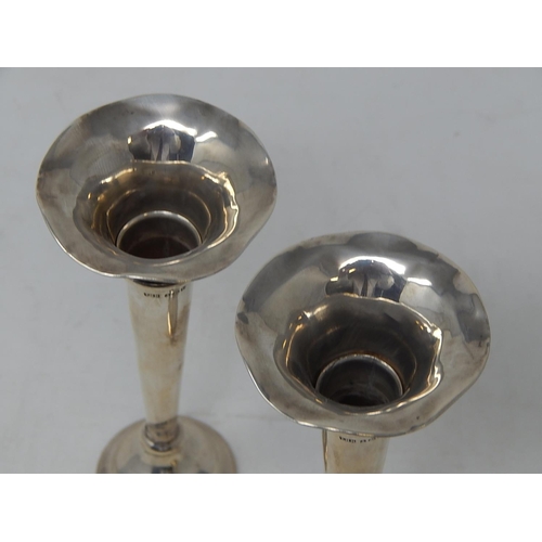 5 - Pair of Silver Bud Vases Hallmarked Birmingham 1916 by T.H.Hazelwood. Height 14.4cm