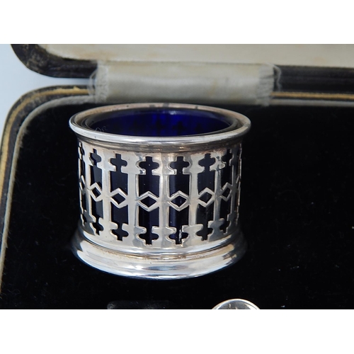 39 - Silver 5 Piece Cruet Set of Pierced Form with Blue Glass Liners. Hallmarked Birmingham 1932 by Barke... 