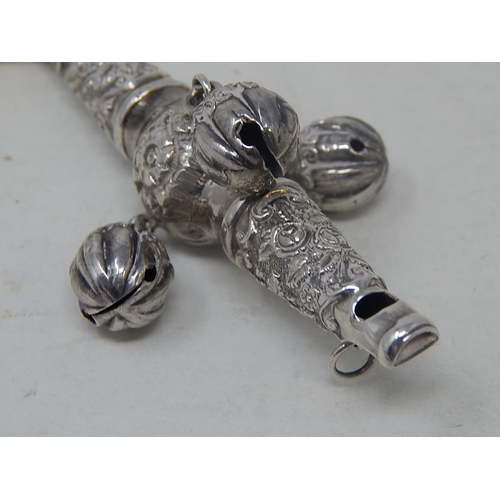 49 - Victorian Tests Silver Combined Rattle with All Three attached Bells & Whistle with Ivory Teether: D... 