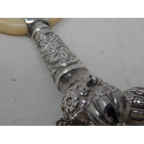 49 - Victorian Tests Silver Combined Rattle with All Three attached Bells & Whistle with Ivory Teether: D... 