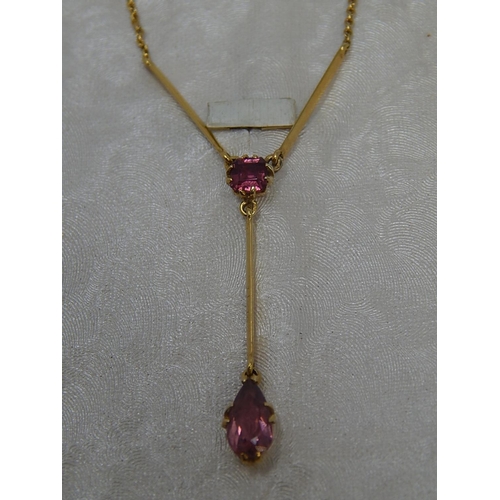 74 - Victorian pink tourmaline pendant necklace, round cut tourmaline suspending a pear shaped tourmaline... 