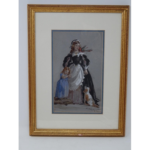 389 - Early Victorian 19th century watercolour of a Lady with child & dog dated 1846: Framed & Glazed. 38c... 