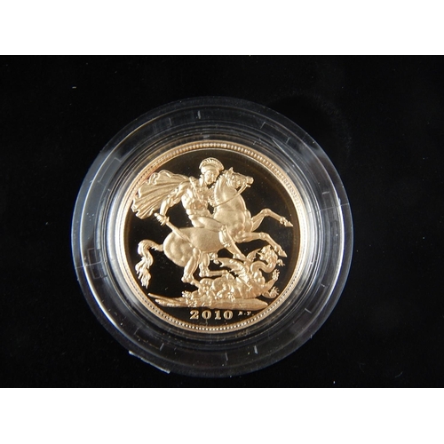 75 - 2010 Proof Gold Sovereign, Half Sovereign and Quarter Sovereign cased practically as struck with COA