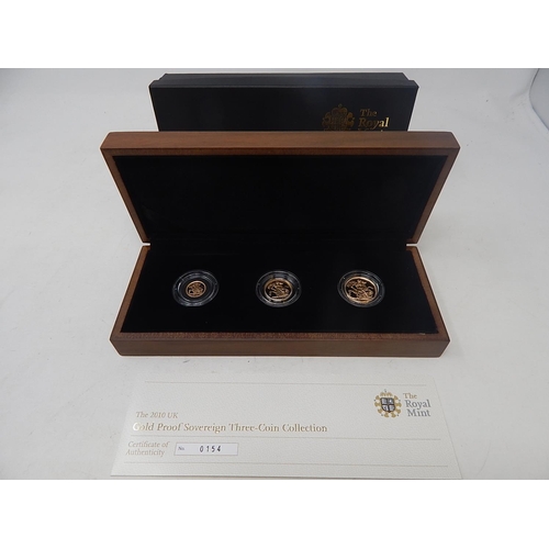 75 - 2010 Proof Gold Sovereign, Half Sovereign and Quarter Sovereign cased practically as struck with COA