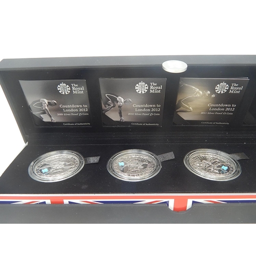 107 - Countown to London 3 x 1 Ounce Silver coins practically as struck in original box with COA