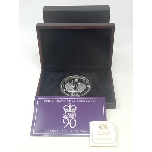 115 - Silver Proof £10 90th Birthday 5 Ounce coin issue number 196/450 practically as struck in original b... 