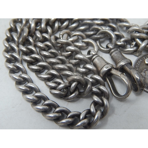 10 - Edwardian Silver Watch Chain Hallmarked London 1906 by Henry Pope With Attached Silver Fob, T-Bar, C... 