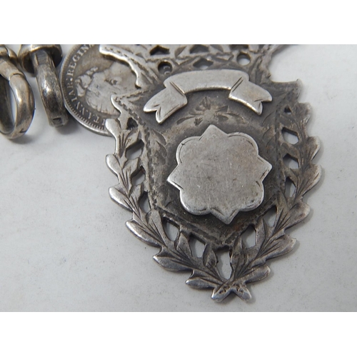 10 - Edwardian Silver Watch Chain Hallmarked London 1906 by Henry Pope With Attached Silver Fob, T-Bar, C... 