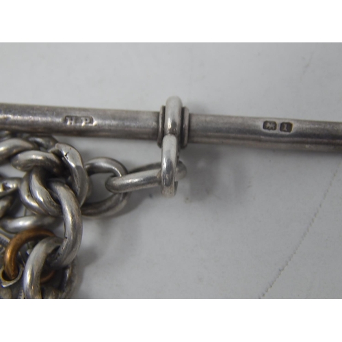 10 - Edwardian Silver Watch Chain Hallmarked London 1906 by Henry Pope With Attached Silver Fob, T-Bar, C... 