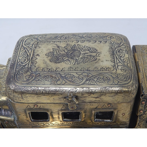 105 - Rare 1920's Indian Brass Desk Set & Cigarette Dispenser Formed as a Car: The Intricately Engraved Bo... 