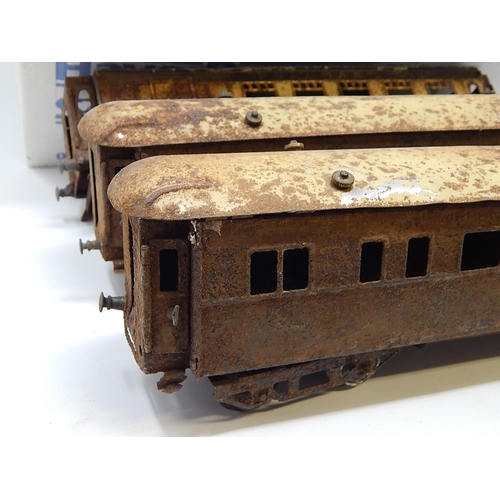 117 - Vintage O Guage Track / Points together with three carriages together with a further box of track et... 