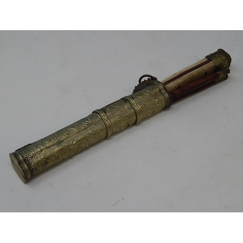 129 - WWII Chinese Soldiers Canteen, comprising knife & chopsticks within fitted metal clad holder.