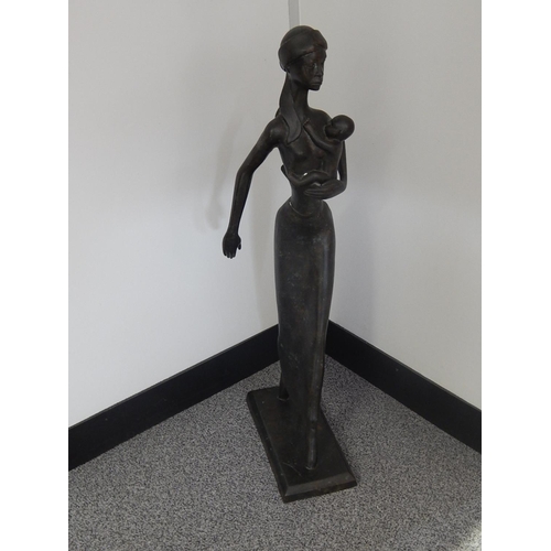 131 - Large African Bronze Sculpture of Mother & Child, Signed A.V: Measures 82cm High