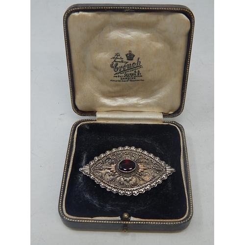 89A - Antique Silver & Garnet Brooch: 6cm x 3.2cm